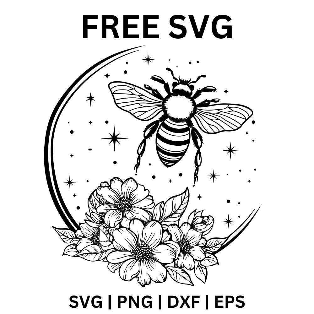 Detailed line art honey bee flying inside a crescent moon framed by blooming flowers and small sparkles, free bee and flowers SVG cut file preview.