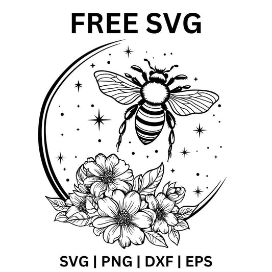Detailed line art honey bee flying inside a crescent moon framed by blooming flowers and small sparkles, free bee and flowers SVG cut file preview.