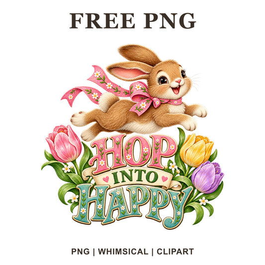 Leaping brown bunny with a pink gingham bow above colorful tulips and Hop Into Happy lettering, free Easter bunny PNG