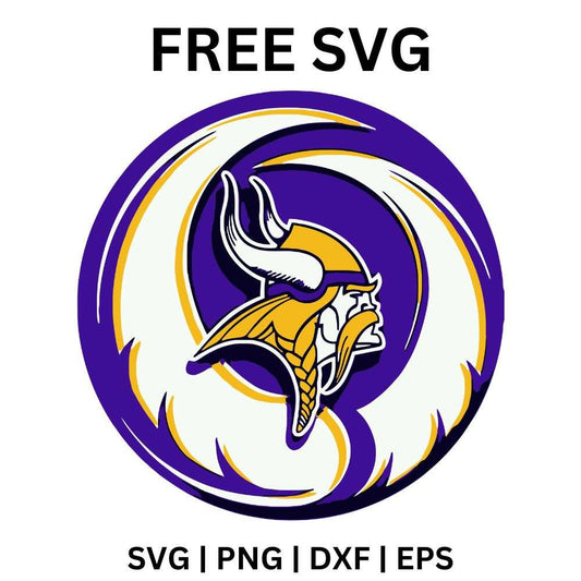 Horned blond Norseman warrior head inside a swirling purple and gold circle, free Norseman swirl emblem SVG cut file preview.
