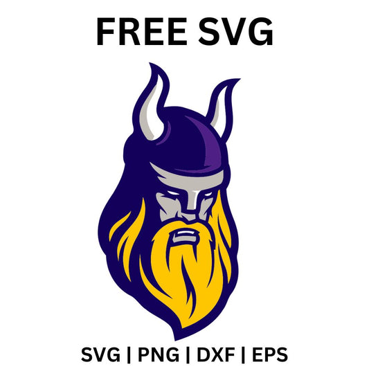 Horned Norseman head in a purple helmet with white horns and a long flowing gold beard and braids, free horned warrior SVG cut file preview.