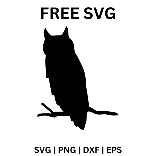 Black silhouette of a horned owl perched quietly on a thin bare branch, free perched owl SVG cut file preview.