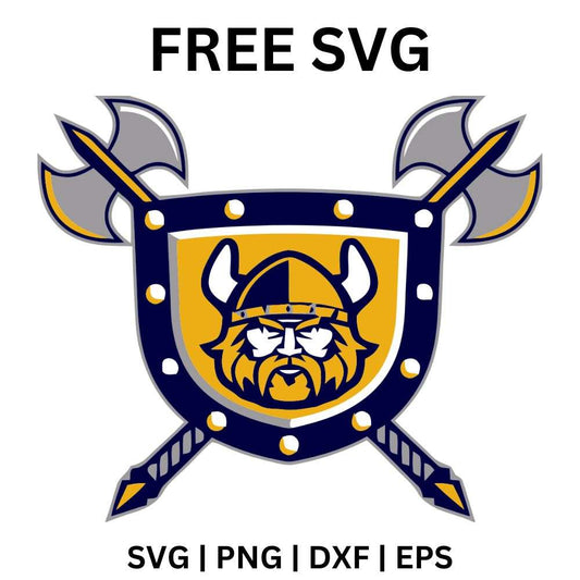 Bearded horned warrior face on a gold circle inside a purple and gold shield with two crossed battle axes behind, free warrior shield with axes SVG cut file preview.