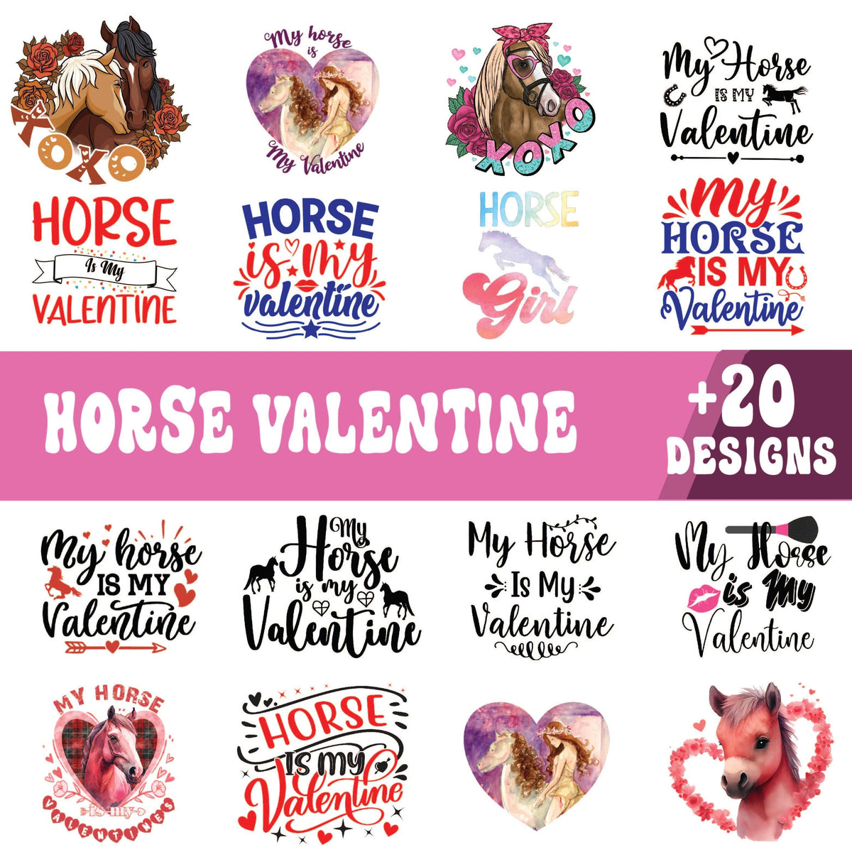 Horse Valentine SVG bundle preview with My Horse Is My Valentine quotes, XOXO horse portraits and heart-shaped horse designs