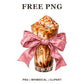 Iced caramel coffee with whipped cream tied with a large pink satin bow, watercolor style, free coquette coffee PNG