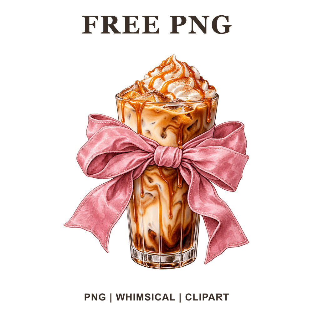Iced caramel coffee with whipped cream tied with a large pink satin bow, watercolor style, free coquette coffee PNG