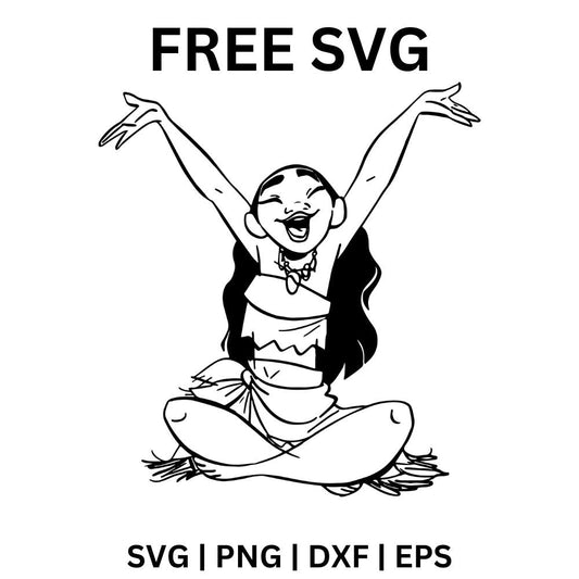 Black line art of a joyful island girl sitting cross legged with both arms raised and long flowing hair, free island girl outline SVG cut file preview.