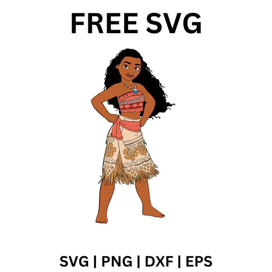 Island girl with long wavy dark hair standing proudly with hands on hips in a red patterned top and fringed tapa skirt, free island girl SVG cut file preview.