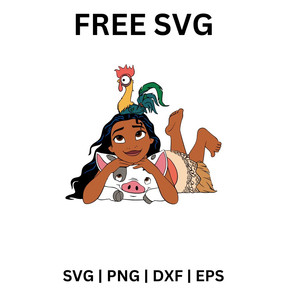Island girl lying on her stomach resting her chin on her hands beside a spotted piglet with a rooster perched on her back, free island friends SVG cut file preview.