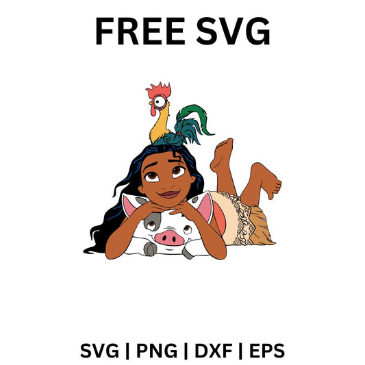 Island girl lying on her stomach resting her chin on her hands beside a spotted piglet with a rooster perched on her back, free island friends SVG cut file preview.