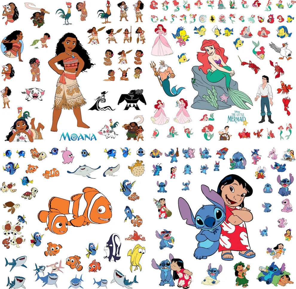 Four-part collage of animated characters: an ocean voyager island girl, a red-haired mermaid with sea friends, an orange clownfish with reef fish, and a Hawaiian girl hugging a blue alien, free animated characters bundle SVG cut file preview.