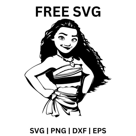 Black and white portrait of a smiling island girl with long flowing hair, a shell necklace and hands on her hips, free island girl portrait SVG cut file preview.