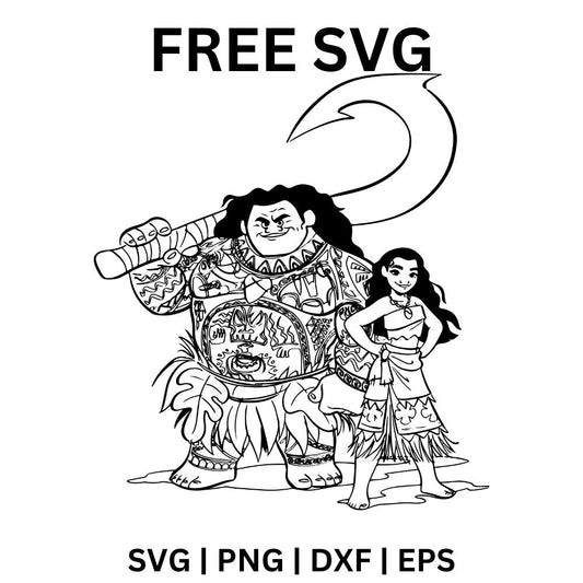Black line art of a big tattooed island warrior holding a giant fish hook beside a confident island girl with hands on hips, free island duo outline SVG cut file preview.