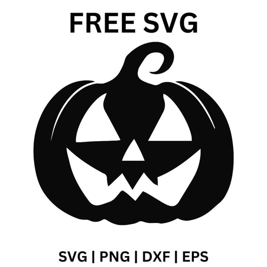 Black jack o lantern with a big curved hooked stem, wide angled white eyes, a triangle nose and a jagged toothy grin, free Halloween pumpkin face SVG cut file preview.