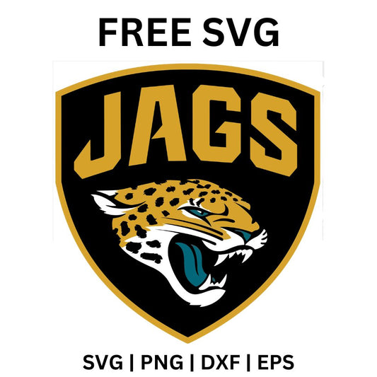 Black shield with bold gold Jags lettering above a roaring spotted jaguar head with a teal tongue, free jaguar shield football SVG cut file preview.