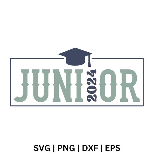 Sage green JUNIOR block letters with a navy vertical 2024 inside a thin navy frame and a graduation cap on top, free junior 2024 SVG cut file preview.