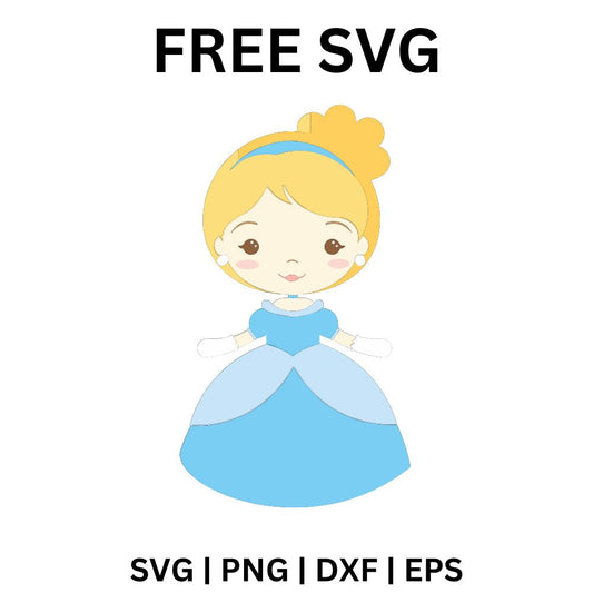 Kawaii blonde princess with rosy cheeks, a blue headband and a puffy light blue gown, free cute princess SVG cut file preview.