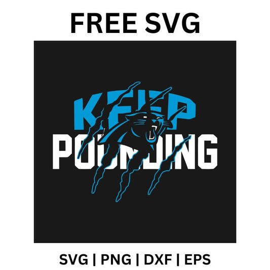 Bold blue Keep and white Pounding lettering with a panther head and claws breaking through, on a black square, free keep pounding football SVG cut file preview.