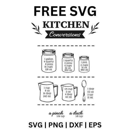 Black kitchen conversions chart with mason jars, measuring cups and a spoon labeled with cup, quart and ounce amounts under a leafy banner title, free kitchen conversions chart SVG cut file preview.