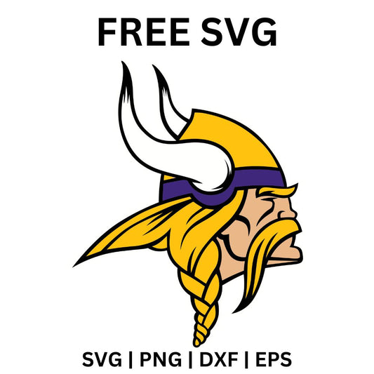 Large horned Norseman head in side profile with a purple horned helmet and flowing gold hair and mustache braids, free horned warrior SVG cut file preview.