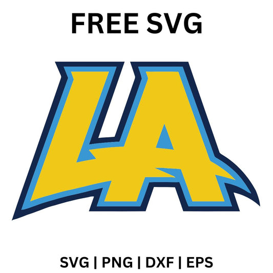 Large yellow italic LA letters with a thick blue outline and a lightning bolt notch in the A, free LA letters SVG cut file preview.