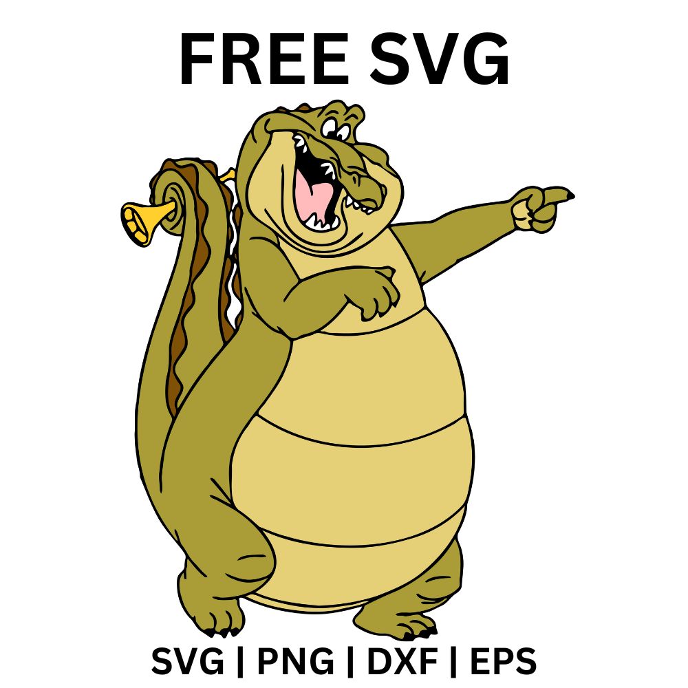 Laughing cartoon alligator standing upright and pointing ahead while holding a brass trumpet behind his back, free jazz alligator SVG cut file preview.