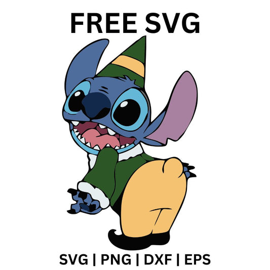 Laughing blue alien creature with big ears in a green elf jacket, hat and yellow tights tumbling playfully, free Christmas elf alien SVG cut file preview.