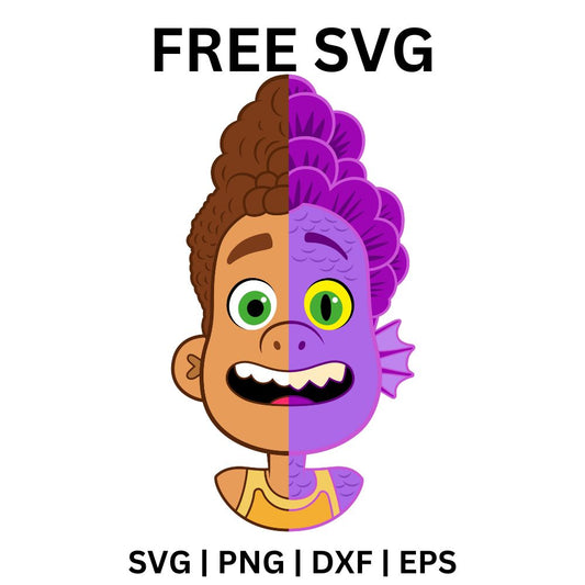 Laughing cartoon boy with messy hair whose face is half human and half purple finned sea monster, free sea monster boy SVG cut file preview.