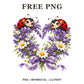 Two cute ladybugs on a heart wreath of purple lavender and white daisies with a lavender ribbon, free garden heart PNG