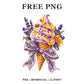Swirled ice cream cone with lavender sprigs, honey drizzle, a honeycomb and a purple ribbon bow, free PNG