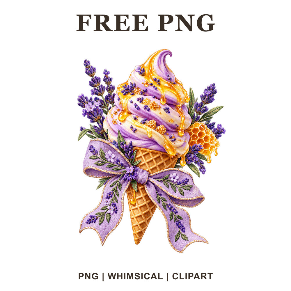 Swirled ice cream cone with lavender sprigs, honey drizzle, a honeycomb and a purple ribbon bow, free PNG