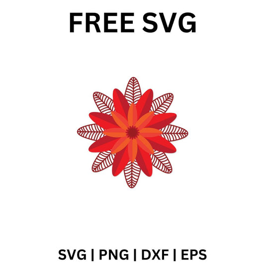 Layered radial flower with orange inner petals, red pointed petals and an outer ring of dark red veined leaf petals, free red flower SVG cut file preview.