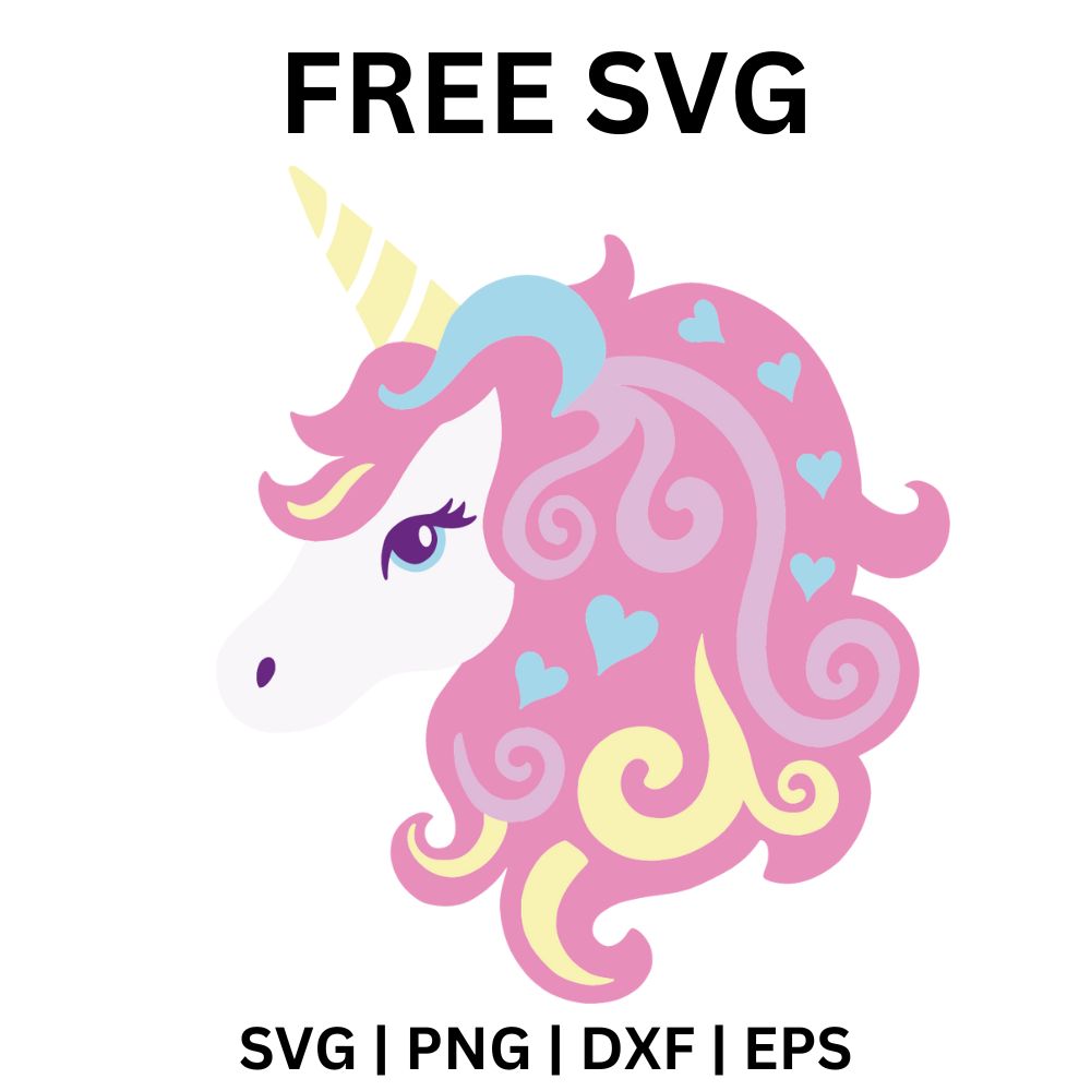 Layered white unicorn head in profile with a gold horn and a swirly pink, purple and yellow mane dotted with little blue hearts, free layered unicorn head SVG cut file preview.