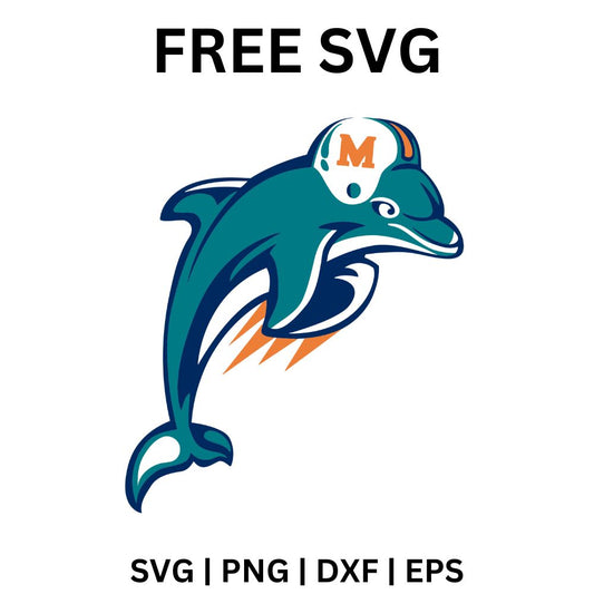 Aqua cartoon dolphin leaping upward wearing an orange and white football helmet with a letter M, free leaping dolphin mascot SVG cut file preview.