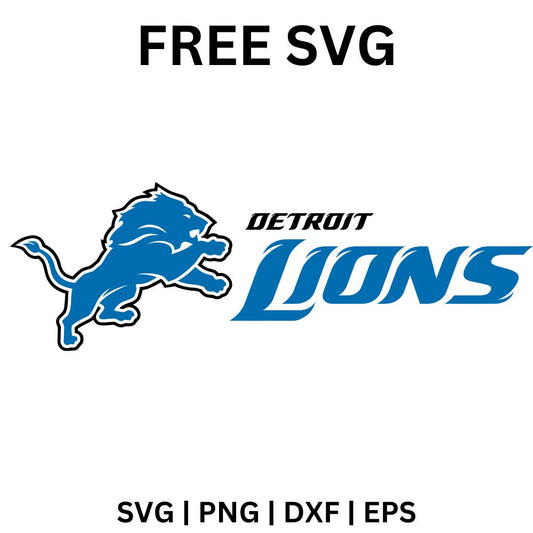 Leaping blue lion with black outlines beside a slanted blue and white outlined wordmark, free leaping lion football SVG cut file preview.