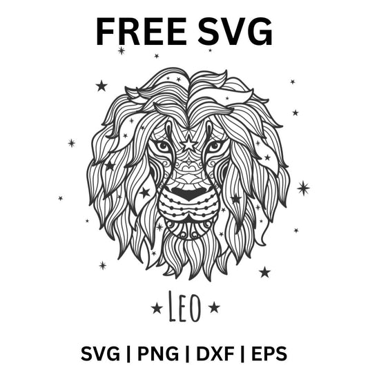 Black line art lion head with a detailed flowing mane, small stars around it and Leo lettering below, free Leo zodiac SVG cut file preview.