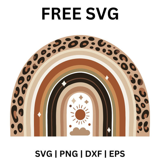 Neutral boho rainbow with a leopard print outer band, rust, sage and black stripes and a tiny sun over a cloud in the center with sparkles, free boho sun rainbow SVG cut file preview.