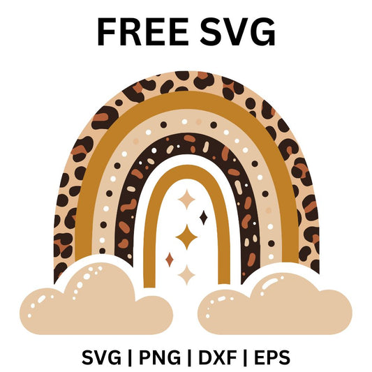 Brown and tan boho rainbow with leopard print bands, dotted stripes and small sparkles in the center, resting on two beige clouds, free leopard boho rainbow SVG cut file preview.