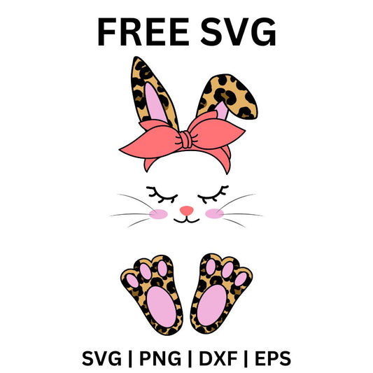 Leopard print bunny ears with a coral bow over a sleepy whisker face and matching leopard feet with pink pads, free leopard bunny face SVG cut file preview.