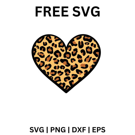 Heart filled with tan and orange leopard print spots inside a thick black outline, free leopard print heart SVG cut file preview.
