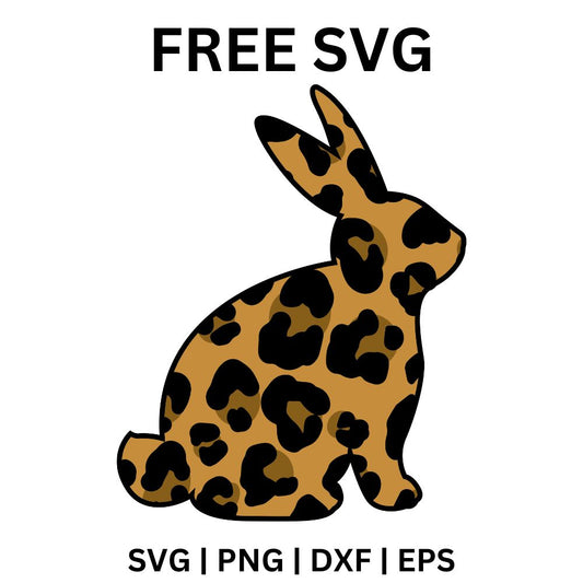 Side view of a sitting bunny silhouette filled with tan and black leopard print, free leopard Easter bunny silhouette SVG cut file preview.