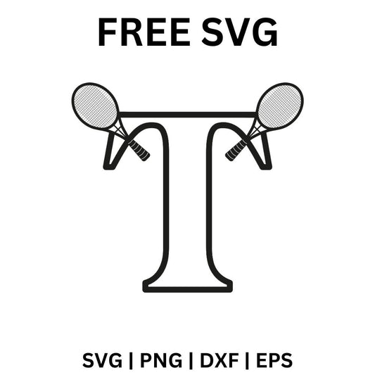Outlined serif letter T with a small tennis racket and ball at each end of the crossbar, free tennis letter monogram SVG cut file preview.