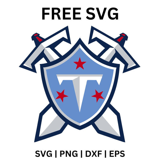 Light blue shield with a white T and red stars in front of two crossed silver swords, free shield and swords emblem SVG cut file preview.