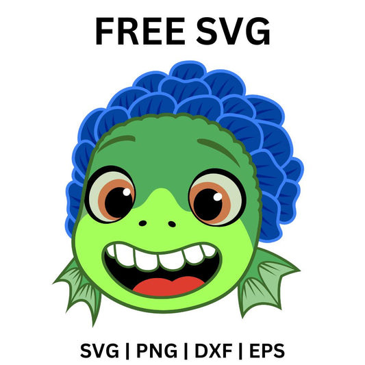 Lime green cartoon sea monster bust with spiky teal fin hair, big eyes and a wide toothy grin, free sea monster SVG cut file preview.