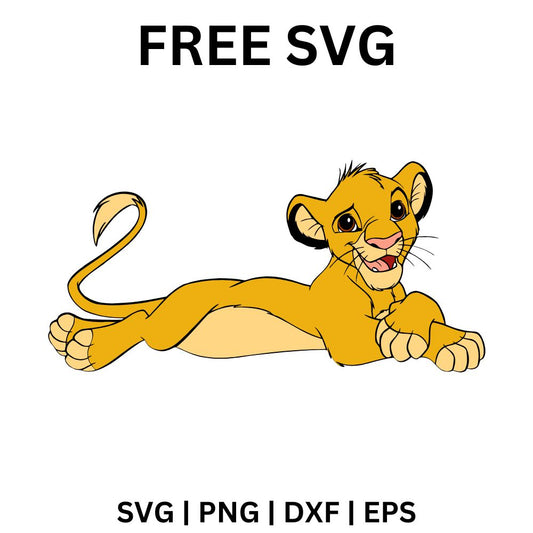 Golden cartoon lion cub lying stretched out on its belly with a playful grin and curled tail, free lion cub SVG cut file preview.
