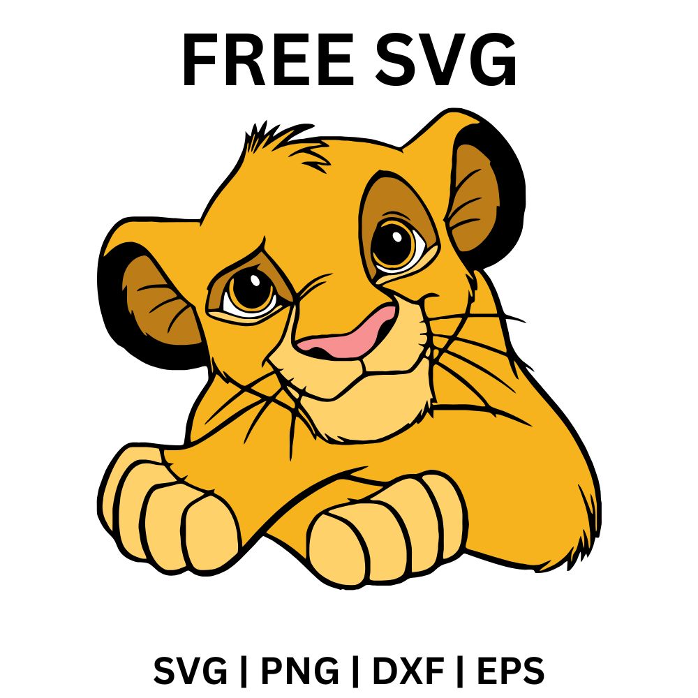 Golden cartoon lion cub with a tuft of hair and a pink nose resting its chin on crossed paws, free lion cub SVG cut file preview.