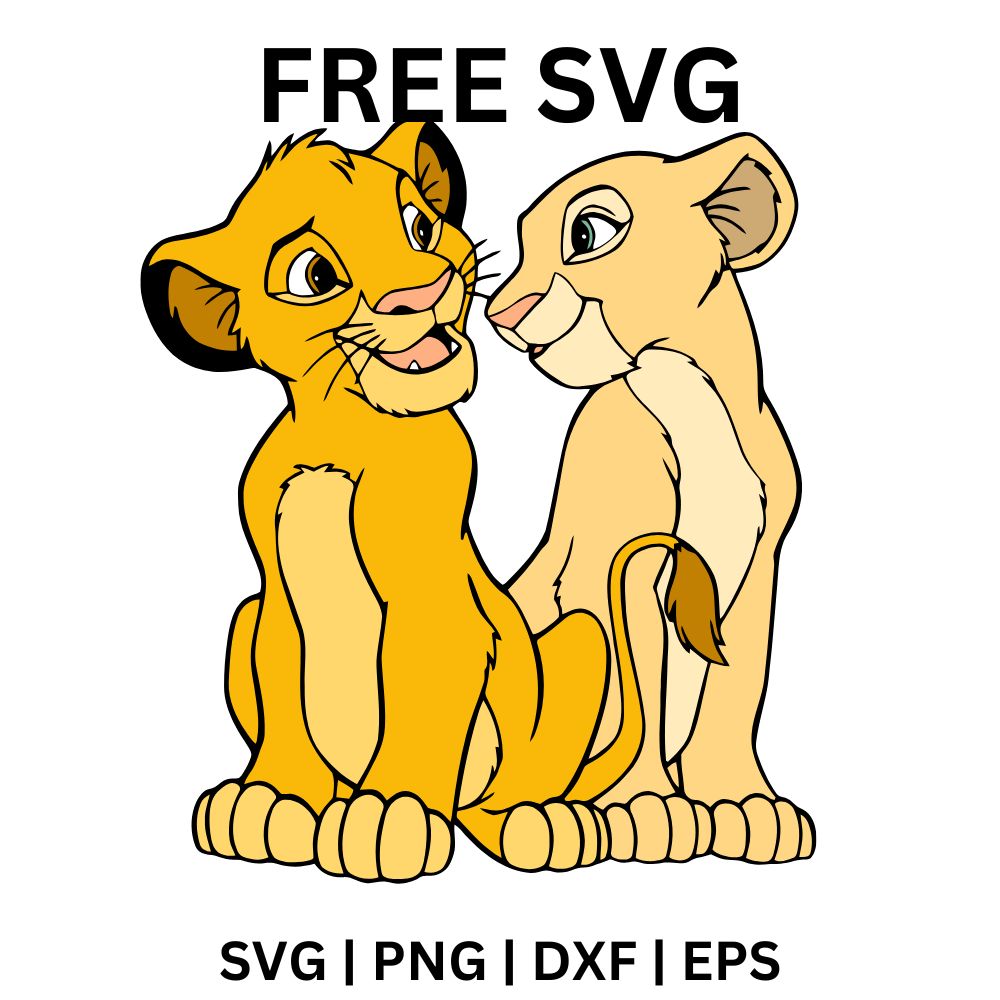 Golden lion cub and cream lion cub sitting close together and gazing sweetly at each other, free lion cubs SVG cut file preview.