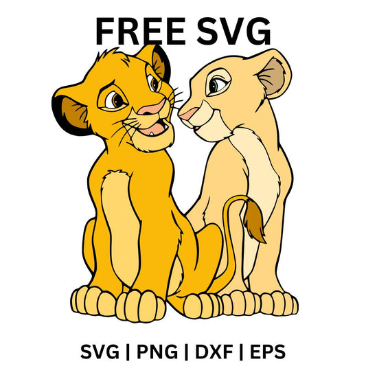 Golden lion cub and cream lion cub sitting close together and gazing sweetly at each other, free lion cubs SVG cut file preview.