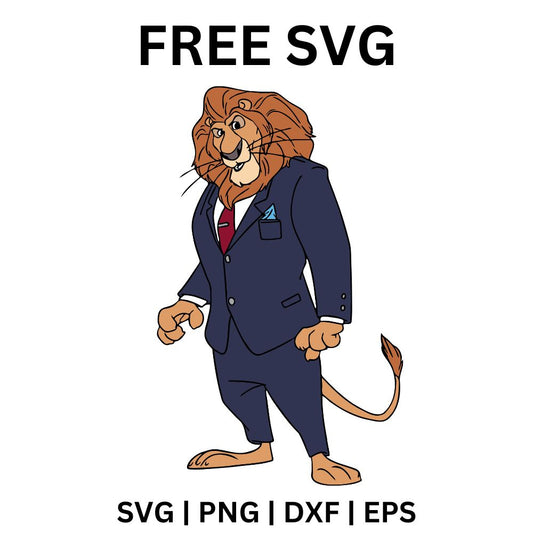 Proud cartoon lion mayor with a big mane in a navy pinstripe suit and red tie standing with hands on hips, free lion mayor SVG cut file preview.