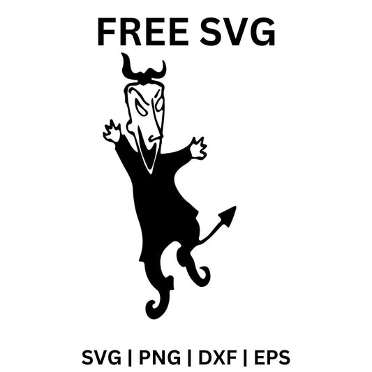 Little devil kid in a mask with small horns, a dark costume and a pointed tail dancing with arms raised, free Halloween devil SVG cut file preview.